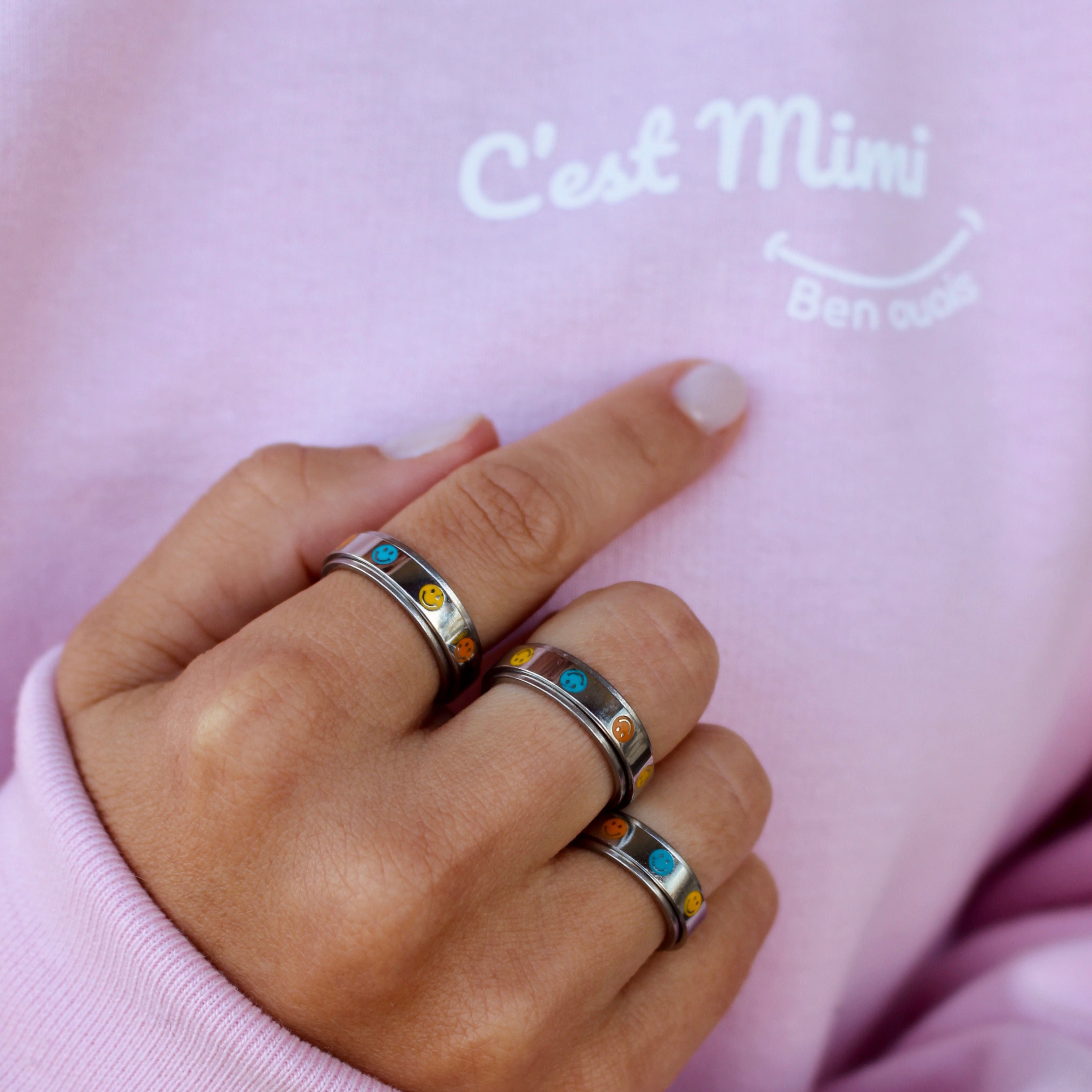 Bague de méditation smiley mimi en acier inoxydable argent par créatival
